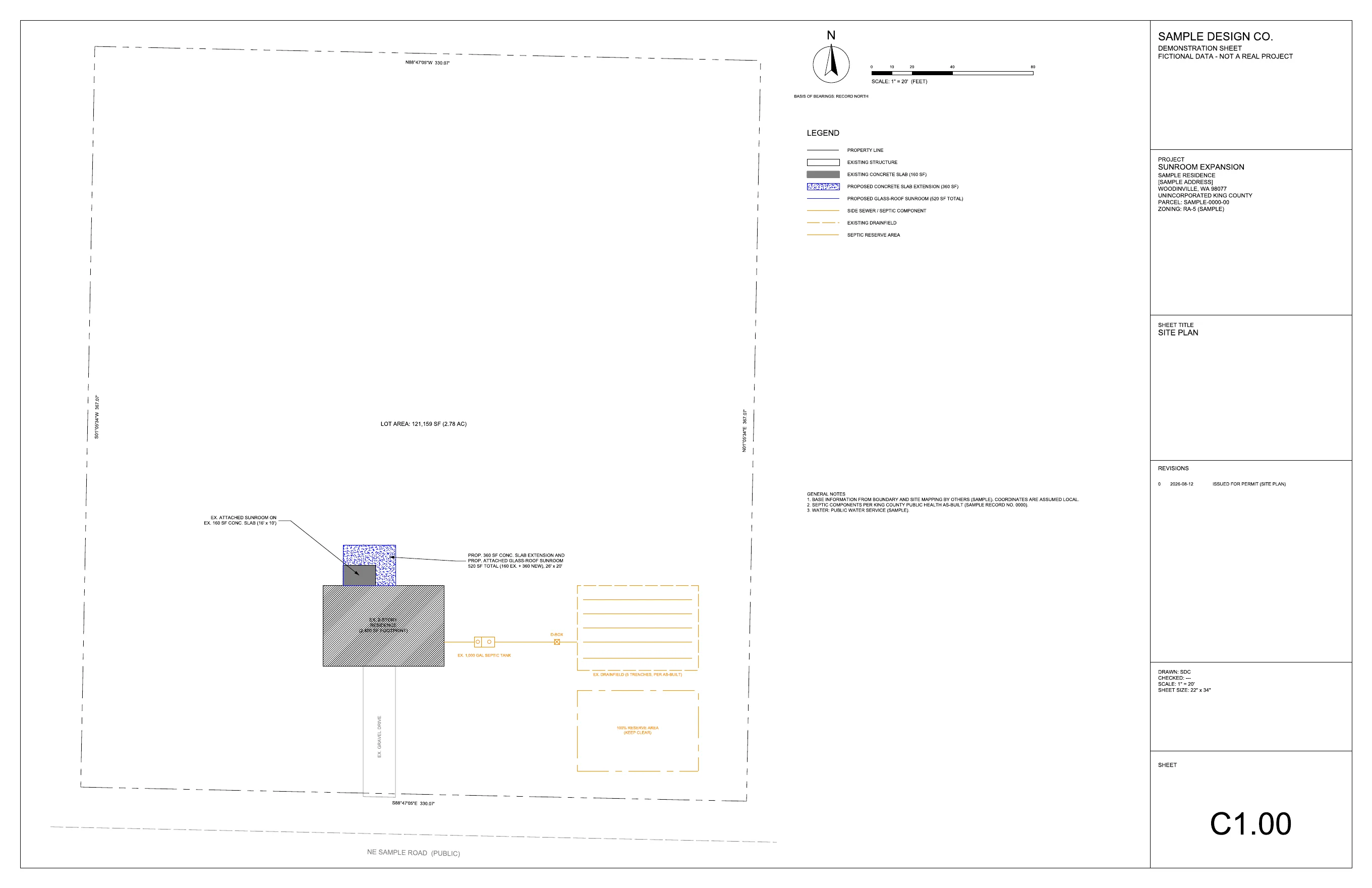 Sheet C1.00 revision 0: site plan with lot, house, sunroom, slab and septic system